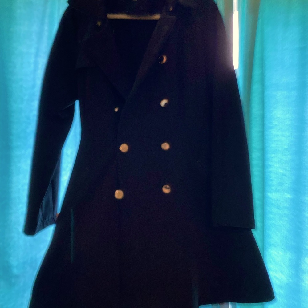 Pea coat style rain coat with removable hood